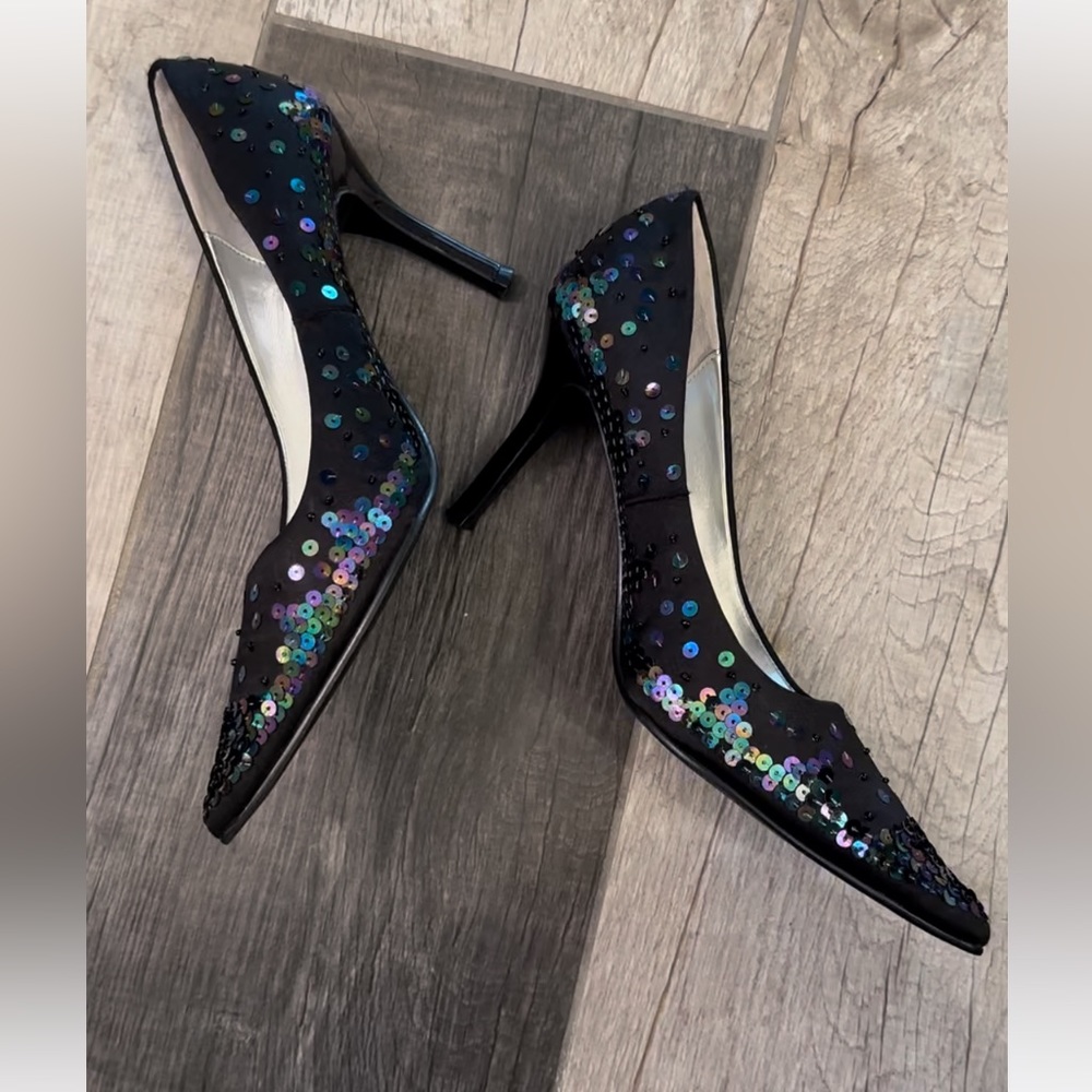 NWOT Rampage Gorgeous Black with Multicolor Sequin High Heel Pointed Shoes - Picture 14 of 17
